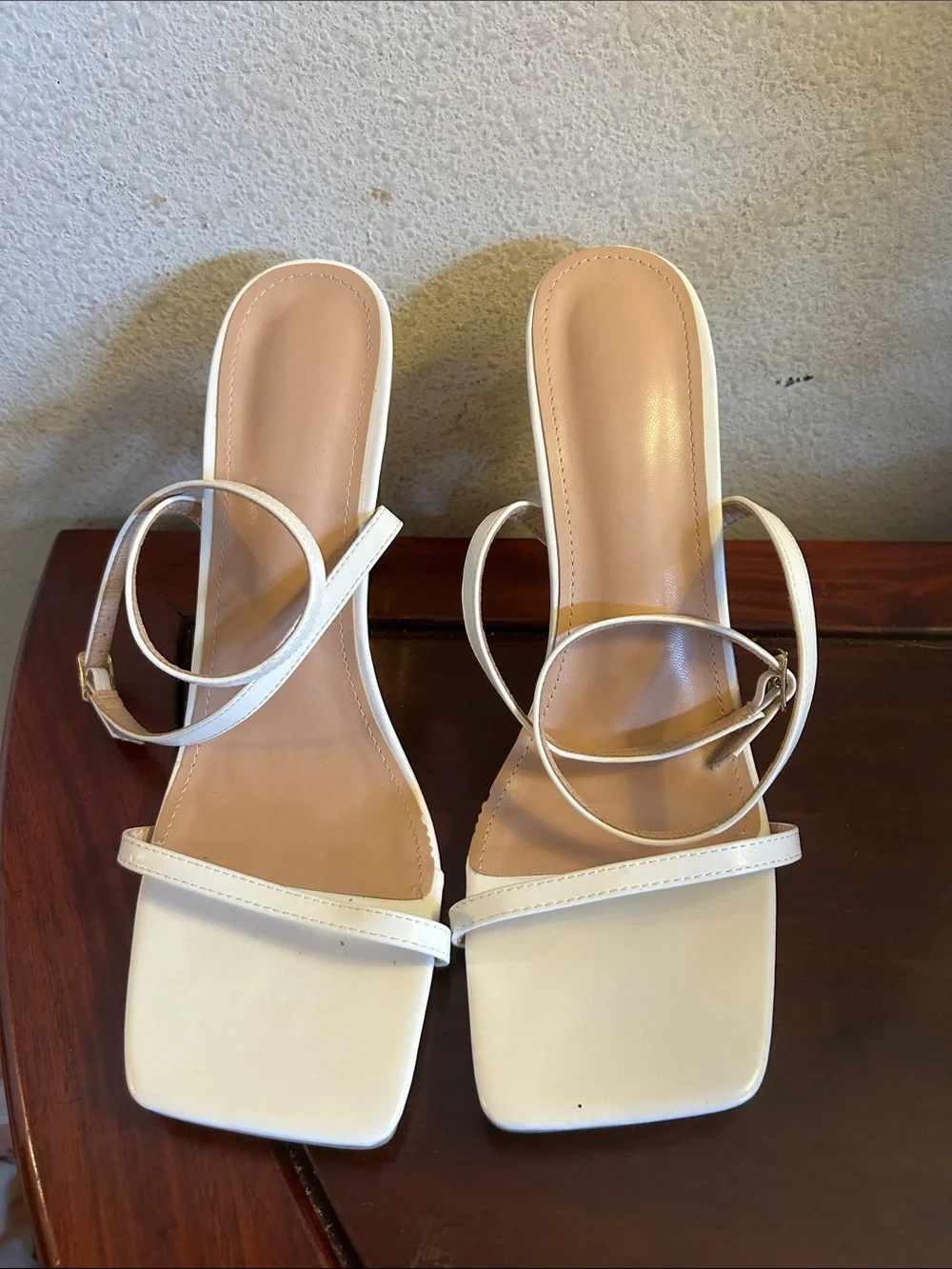 White Strappy Heeled Sandals with Sculptural Gold Ring Heel
